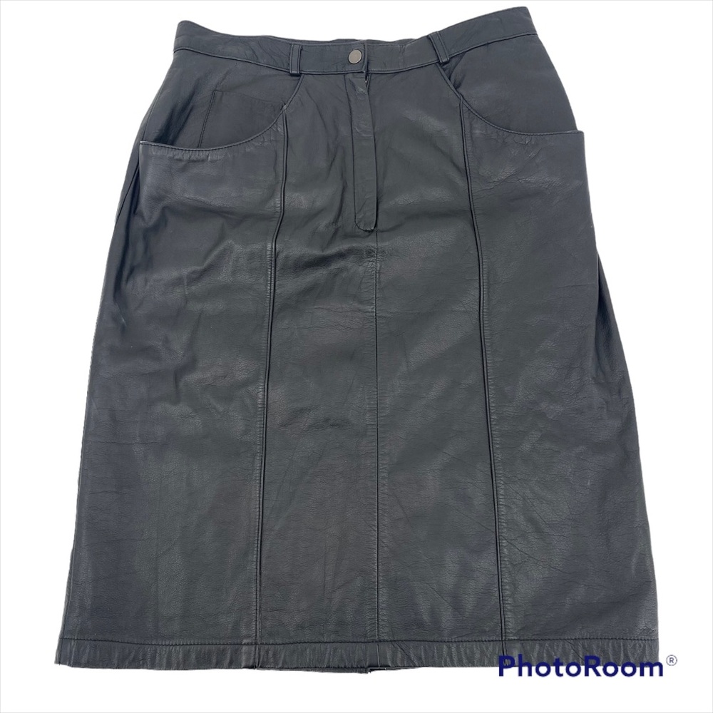 VTG Black Genuine Leather Pencil Skirt Pockets